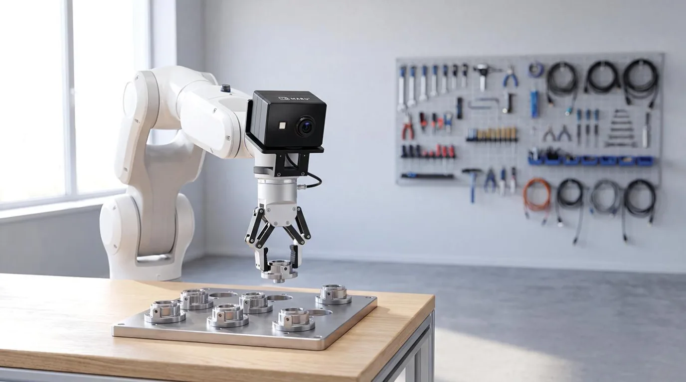 A MARU camera module mounted on a white robot arm above a tray of machined metal parts