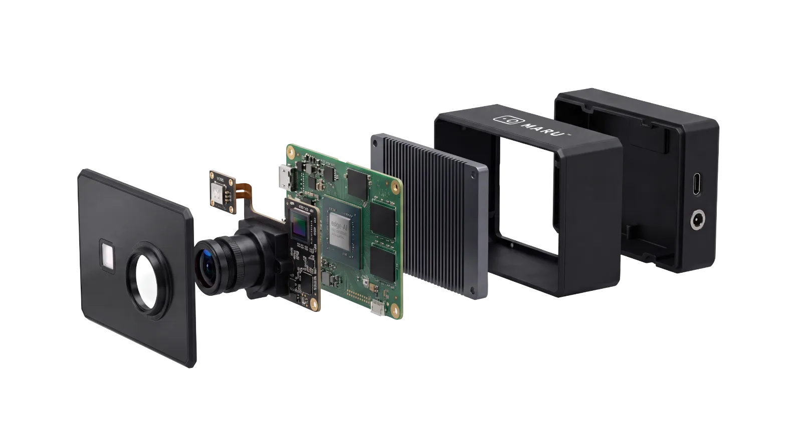 MARU exploded view: front plate, sensor and VCSEL boards, edge AI board, heatsink, frame and housing
