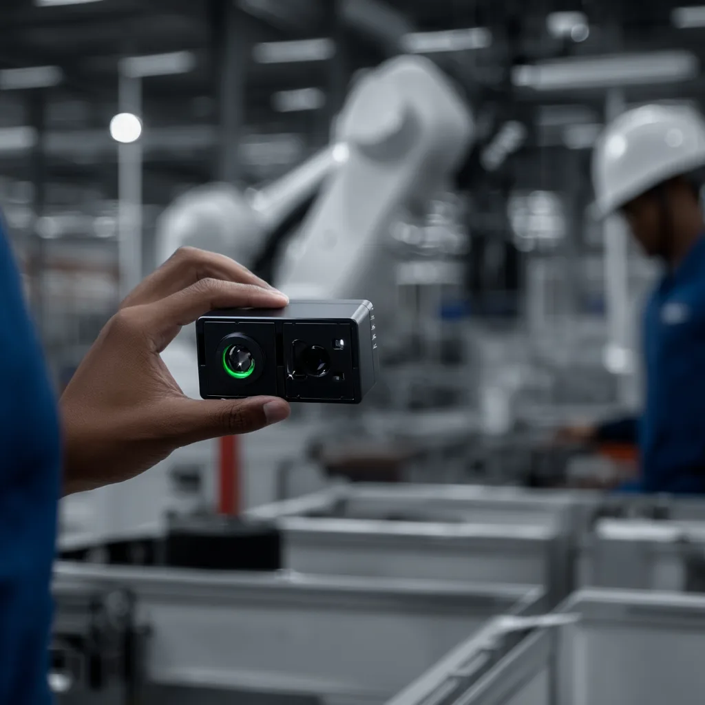 An engineer holding a perception module in front of a robot cell on a factory floor