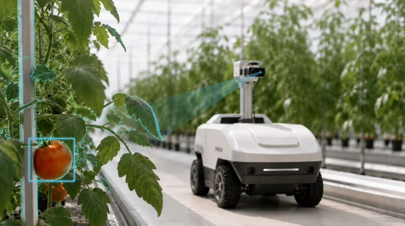 A field robot with a camera mast moving down a greenhouse row while ripe tomatoes are detected on the vine