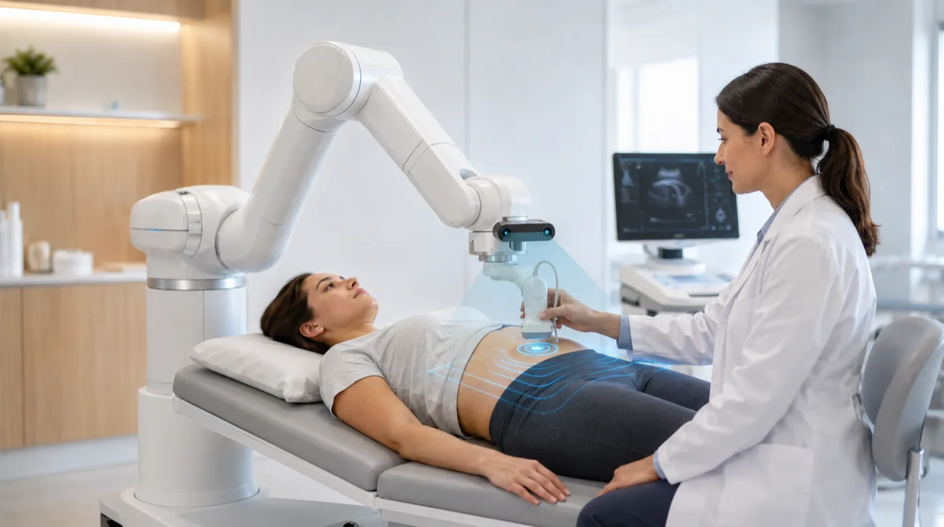 A robot arm with a camera head guiding an ultrasound probe over a patient while a clinician watches the screen