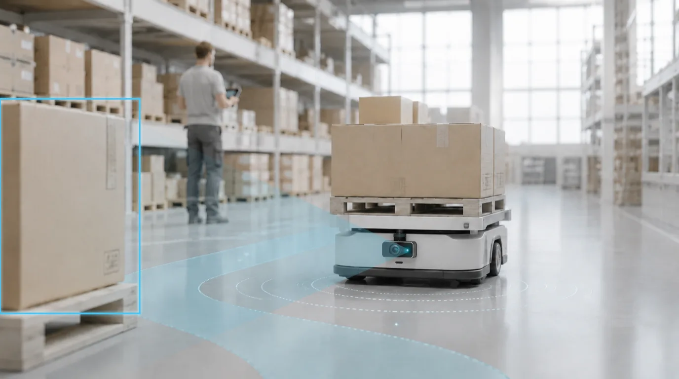 An autonomous mobile robot carrying a pallet of cartons through a warehouse aisle, with a box detected on the rack beside it