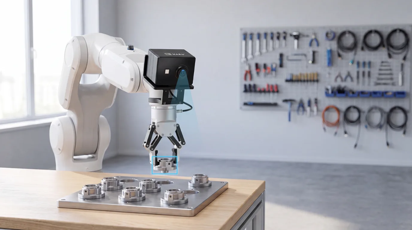 A collaborative robot arm with a MARU camera head picking machined parts from a fixture on a workbench