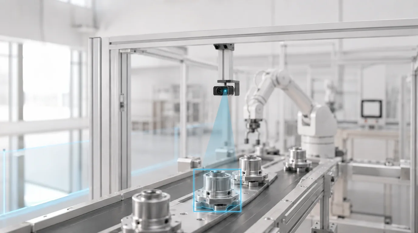 An overhead MARU camera on a production line inspecting machined parts on a conveyor, with a robot arm behind